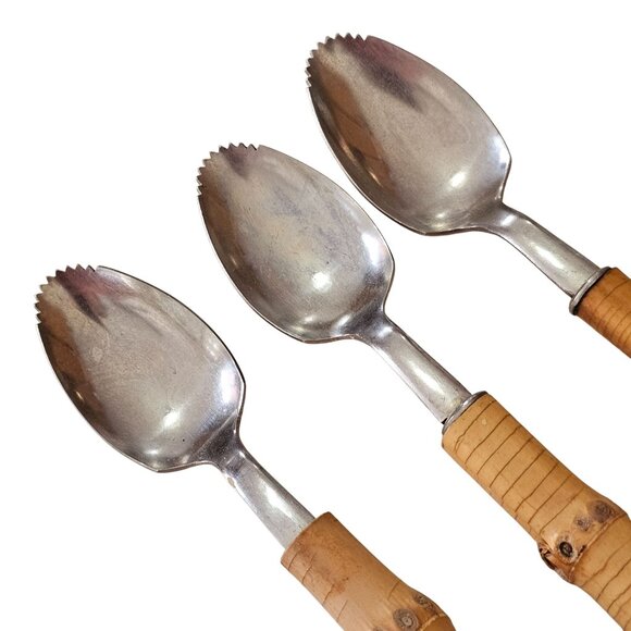 3 Bamboo Handle Grapefruit Spoon 6" vtg retro revival midcentury boho mixed mate - Picture 2 of 8